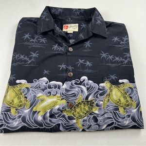 Hilo Hattie Black and Green Hawaiian Shirt Turtles Waves Palm Trees